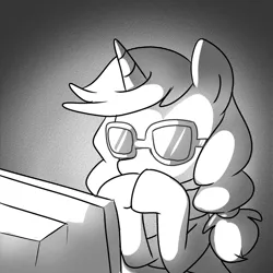 Size: 1000x1000 | Tagged: safe, artist:madmax, derpibooru import, oc, oc:madmax, unofficial characters only, pony, unicorn, female, gendo pose, glasses, mare, monitor, monochrome, neon genesis evangelion, solo