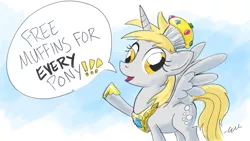 Size: 1280x720 | Tagged: safe, artist:giantmosquito, derpibooru import, derpy hooves, alicorn, pony, alicornified, costume, derpicorn, element of muffins, female, mare, muffin, muffin queen, photoshop, race swap, raised hoof, solo, this will end in muffins, wallpaper, xk-class end-of-the-world scenario