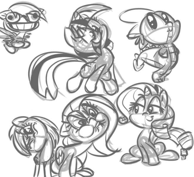 Size: 770x700 | Tagged: dead source, safe, artist:tess, derpibooru import, derpy hooves, fluttershy, rainbow dash, rarity, spike, twilight sparkle, dragon, pegasus, pony, unicorn, angry, female, happy, head tilt, male, mare, monochrome, sitting, sketch, sketch dump