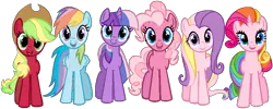 Size: 843x337 | Tagged: safe, artist:colossalstinker, derpibooru import, applejack (g3), fluttershy (g3), pinkie pie (g3), rainbow dash (g3), rarity (g3), twilight twinkle, earth pony, pegasus, pony, unicorn, female, g3, g3 to g4, generation leap, looking at you, mare, palette swap, recolor, simple background, transparent background