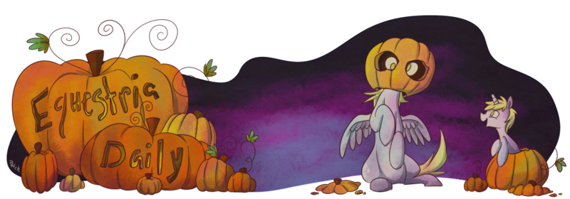 Size: 1000x350 | Tagged: safe, artist:pashapup, derpibooru import, derpy hooves, dinky hooves, pegasus, pony, unicorn, equestria daily, banner, derpy pumpkinhead, duo, duo female, female, filly, halloween, holiday, jack-o-lantern, mare, nightmare night, no pupils, pumpkin, pumpkin patch, sitting