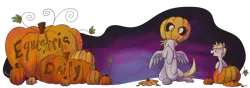 Size: 1000x350 | Tagged: safe, artist:pashapup, derpibooru import, derpy hooves, dinky hooves, pegasus, pony, unicorn, equestria daily, banner, derpy pumpkinhead, duo, duo female, female, filly, halloween, holiday, jack-o-lantern, mare, nightmare night, no pupils, pumpkin, pumpkin patch, sitting