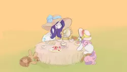 Size: 1258x717 | Tagged: safe, artist:noel, derpibooru import, rarity, sweetie belle, pony, unicorn, clothes, cupcake, drink, duo, duo female, female, filly, food, hat, mare, plushie, sitting, tea, tea party, teapot