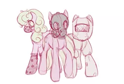 Size: 500x338 | Tagged: safe, artist:noel, derpibooru import, daisy, flower wishes, lily, lily valley, roseluck, earth pony, pony, ask the flower girls, ask, female, flower trio, gas mask, hazmat suit, mare, mask, no pupils, simple background, tumblr, white background