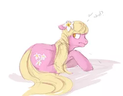 Size: 464x363 | Tagged: safe, artist:noel, derpibooru import, lily, lily valley, earth pony, pony, ask the flower girls, ask, female, floppy ears, looking back, mare, no pupils, prone, solo, tumblr