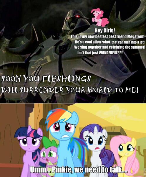 Size: 794x960 | Tagged: safe, derpibooru import, edit, edited screencap, screencap, applejack, fluttershy, pinkie pie, rainbow dash, rarity, spike, twilight sparkle, dragon, earth pony, pegasus, pony, unicorn, caption, crossover, female, hot nuts, hub logo, image macro, male, mane seven, mane six, mare, megatron, meme, roflbot, transformers, transformers prime