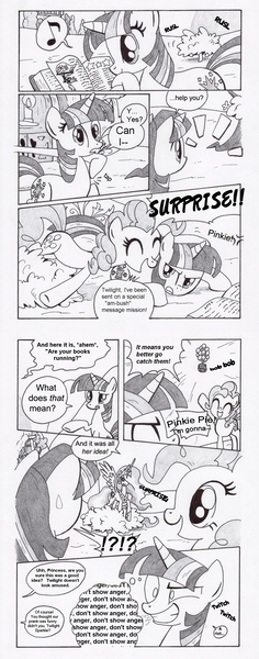 Size: 1245x3168 | Tagged: safe, artist:lumdrop, derpibooru import, pinkie pie, princess celestia, twilight sparkle, alicorn, earth pony, human, pony, unicorn, balloon, basket, book, comic, crossover, female, mare, milky way (milky way and the galaxy girls), milky way and the galaxy girls, monochrome, prank, trollestia, twilight is not amused, unamused