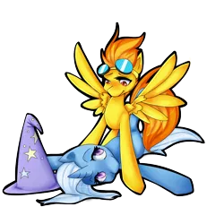 Size: 1024x1024 | Tagged: dead source, suggestive, artist:riserion, derpibooru import, spitfire, trixie, pegasus, pony, unicorn, female, goggles, lesbian, mare, on back, shipping, simple background, smiling, spread wings, trixfire, wings
