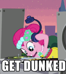 Size: 366x406 | Tagged: safe, derpibooru import, edit, edited screencap, screencap, pinkie pie, vinyl scratch, earth pony, pony, unicorn, a canterlot wedding, animated, bipedal, bridesmaid dress, clothes, dress, duo, duo female, female, gif, headphones, image macro, mouth hold, record, turntable