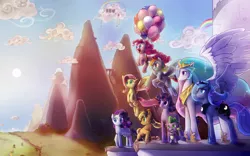 Size: 4800x3000 | Tagged: safe, artist:explosivegent, artist:valcron, derpibooru import, applejack, fluttershy, pinkie pie, princess celestia, princess luna, rainbow dash, rarity, spike, twilight sparkle, alicorn, dragon, earth pony, pegasus, pony, unicorn, balloon, cloudsdale, female, floating, male, mane seven, mane six, mare, mountain, rainbow, s1 luna, then watch her balloons lift her up to the sky