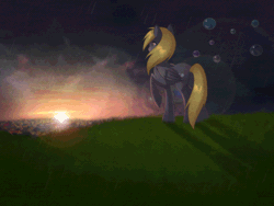 Size: 1600x1200 | Tagged: safe, artist:rizcifra, derpibooru import, derpy hooves, pegasus, pony, animated, beautiful, bubble, cutie mark, detailed, epic derpy, female, gif, lens flare, mare, ponyville, rain, raised hoof, scenery, shadow, solo, sunset, wallpaper, windswept mane
