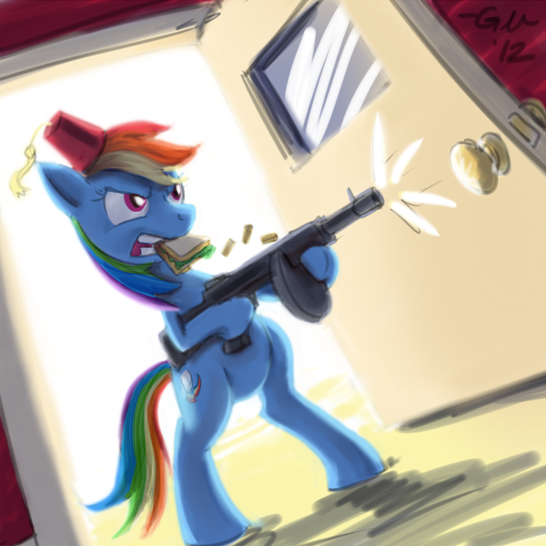 Size: 960x960 | Tagged: safe, artist:giantmosquito, derpibooru import, rainbow dash, pegasus, pony, bipedal, crossover, drum magazine, female, fez, gun, hat, mare, mouth hold, sandwich, scarface, solo, submachinegun, tommy gun, weapon