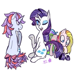 Size: 550x550 | Tagged: safe, artist:wolfytails, derpibooru import, rarity, rarity (g3), sparkler (g1), pony, unicorn, bow, female, g1, g1 to g4, g3, g3 to g4, generation leap, generational ponidox, mare, no pupils, one eye closed, simple background, sitting, tail bow, transparent background