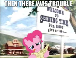 Size: 730x554 | Tagged: safe, derpibooru import, pinkie pie, earth pony, pony, female, image macro, map, mare, meme, shining time station, solo, tongue out