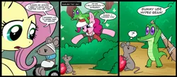 Size: 1500x656 | Tagged: safe, artist:madmax, derpibooru import, fluttershy, gummy, pinkie pie, earth pony, mouse, pegasus, pony, abuse, animal abuse, baseball bat, bipedal, bush, clothes, comic, confused, crossover, dialogue, female, food, frown, glare, gradient eyes, hat, hoodie, injured, looking back, mare, open mouth, pointing, pokemans pink, pokémon, smiling, smirk, speech bubble, spiked club, strawberry, text, thought bubble, wat, wheelchair