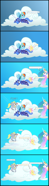 Size: 1600x6036 | Tagged: safe, artist:kurokaji11, derpibooru import, derpy hooves, fluttershy, princess celestia, princess luna, rainbow dash, alicorn, pegasus, pony, princess molestia, blushing, cloud, comic, eyes closed, female, implied sex, mare, morning after, pomf, rapeface, s1 luna, sleeping, tongue out, wat, zzz