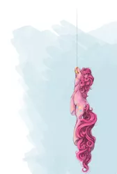 Size: 577x857 | Tagged: safe, artist:noel, derpibooru import, pinkie pie, earth pony, pony, eyes closed, female, hanging, mare, mouth hold, solo