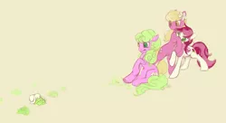 Size: 1109x602 | Tagged: safe, artist:noel, derpibooru import, daisy, flower wishes, lily, lily valley, roseluck, earth pony, pony, rabbit, backing away, colored pupils, female, flower trio, hug, mare, the horror