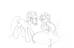 Size: 900x582 | Tagged: safe, artist:noel, derpibooru import, nurse redheart, snails, earth pony, pony, unicorn, bandaid, bed, colt, duo, female, hospital bed, male, mare, monochrome, mouth hold, no pupils
