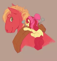 Size: 660x706 | Tagged: safe, artist:noel, derpibooru import, apple bloom, big macintosh, earth pony, pony, brother and sister, female, filly, male, piggyback ride, ponies riding ponies, size difference, smiling, stallion