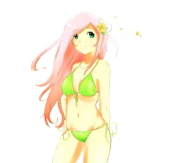 Size: 2734x2605 | Tagged: artist:derpiihooves, belly button, bikini, breasts, busty fluttershy, clothes, derpibooru import, faith summers, female, flower, flower in hair, fluttershy, green swimsuit, hand on hip, high res, human, humanized, safe, side-tie bikini, simple background, solo, starswirl academy, swimsuit, white background