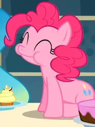 Size: 300x400 | Tagged: safe, derpibooru import, screencap, pinkie pie, princess celestia, alicorn, earth pony, pony, a bird in the hoof, cake, cropped, cupcake, eyes closed, female, food, mare, puffy cheeks, sitting, solo focus