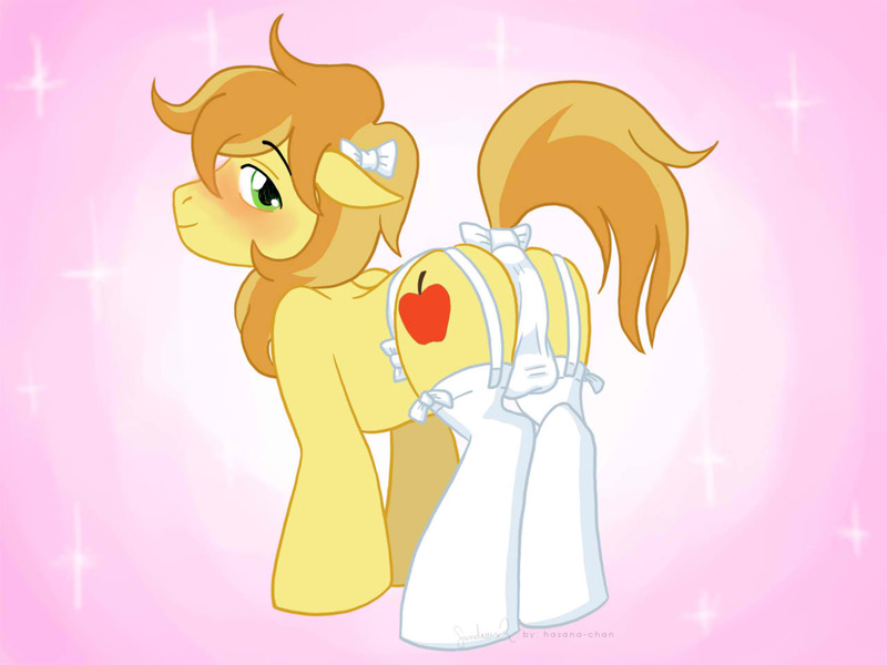 Size: 1280x960 | Tagged: questionable, artist:hasana-chan, derpibooru import, braeburn, earth pony, pony, balls, blushing, bow, clothes, crossdressing, crotch bulge, floppy ears, hair bow, lingerie, male, panties, rear view, sissy, solo, solo male, stallion, stockings, tail bow, underwear