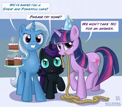 Size: 1100x962 | Tagged: safe, artist:gsphere, derpibooru import, trixie, twilight sparkle, oc, oc:nyx, alicorn, pony, unicorn, fanfic:past sins, alicorn oc, cake, candle, dialogue, female, filly, happy birthday, hat, looking at you, mare, mouth hold, party hat, rope, trio