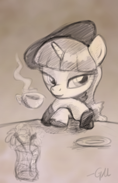 Size: 528x816 | Tagged: safe, artist:giantmosquito, derpibooru import, rarity, pony, unicorn, adobe imageready, audrey hepburn, beatnik rarity, beret, cafe, clothes, female, hat, mare, sketch, solo, tea