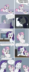 Size: 1620x4068 | Tagged: safe, artist:lemondevil, derpibooru import, rarity, sweetie belle, pony, unicorn, ask, biporarity, broken, comic, computer, crayons, derp, duo, duo female, female, filly, grin, gritted teeth, mare, smiling