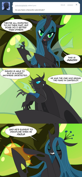 Size: 850x1820 | Tagged: safe, artist:tarajenkins, derpibooru import, queen chrysalis, changeling, changeling queen, cupidite, comic, dialogue, duo, female, image, larger female, male, micro, png, punishment, size difference, smaller male, speech bubble, squish, tumblr, tumblr comic