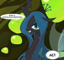Size: 500x470 | Tagged: safe, artist:tarajenkins, derpibooru import, queen chrysalis, alicorn, changeling, changeling queen, pony, cupidite, angry, animated, dialogue, female, floppy ears, gif, image, looking at you, mare, solo, speech bubble