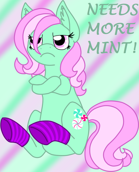 Size: 900x1117 | Tagged: artist needed, safe, derpibooru import, minty, earth pony, pony, abstract background, clothes, crossed hooves, female, frown, g3, g3 to g4, generation leap, mare, sitting, socks, solo, striped socks, unamused