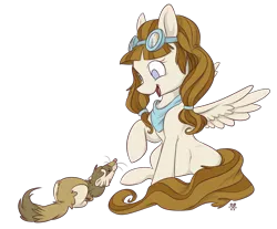 Size: 1359x1124 | Tagged: safe, artist:pashapup, derpibooru import, oc, oc:tech, unofficial characters only, ferret, pegasus, pony, bandana, female, goggles, mare, no pupils, raised hoof, simple background, sitting, smiling, solo, transparent background