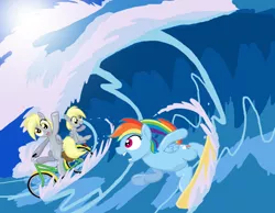 Size: 850x660 | Tagged: safe, artist:shutterflye, derpibooru import, derpy hooves, dinky hooves, rainbow dash, pegasus, pony, bicycle, female, filly, foal, mare, ocean, photoshop, surfing, water