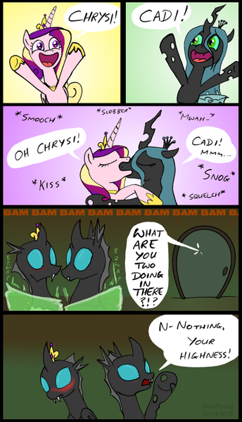 Size: 500x872 | Tagged: safe, artist:haretrinity, derpibooru import, princess cadance, queen chrysalis, alicorn, changeling, changeling queen, pony, blushing, cadalis, caught, comic, dialogue, disguise, disguised changeling, door, fake cadance, female, image, implied queen chrysalis, kissing, lesbian, male, mare, png, roleplaying, shipping, signature, speech bubble, straight, transformation