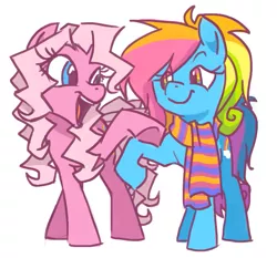 Size: 857x800 | Tagged: safe, artist:needsmoarg4, derpibooru import, pinkie pie (g3), rainbow dash (g3), earth pony, pegasus, pony, clothes, duo, duo female, female, g3, g3 to g4, generation leap, mare, rainbow dash always dresses in style, scarf, simple background, white background