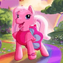Size: 360x360 | Tagged: safe, derpibooru import, screencap, pinkie pie (g3), earth pony, pony, animated, butt shake, clothes, commercial, cute, female, frame by frame, g3, g3betes, gif, mare, open mouth, plot, rainbow, solo, tail bow