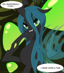 Size: 1191x1362 | Tagged: safe, artist:tarajenkins, derpibooru import, queen chrysalis, changeling, changeling queen, cupidite, dialogue, female, floppy ears, grin, hoof on chin, image, jpeg, lidded eyes, looking at you, smiling, solo, speech bubble, tumblr link