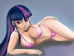 Size: 1100x837 | Tagged: artist:gunslingerpen, belly button, bikini, breasts, busty twilight sparkle, clothes, curvy, derpibooru import, female, gradient background, human, humanized, pink swimsuit, side, solo, solo female, suggestive, swimsuit, twilight sparkle
