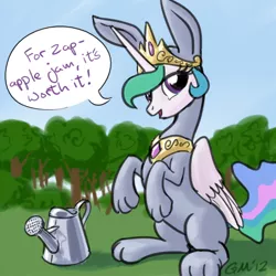 Size: 640x640 | Tagged: safe, artist:giantmosquito, derpibooru import, princess celestia, alicorn, pony, bunny costume, clothes, cute, cutelestia, dialogue, female, lidded eyes, mare, open mouth, sitting, smiling, solo, watering can, zap apple