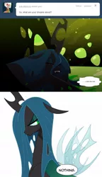 Size: 657x1142 | Tagged: safe, artist:tarajenkins, derpibooru import, queen chrysalis, changeling, changeling queen, cupidite, annoyed, changeling hive, crying, dialogue, dream, female, floppy ears, image, jpeg, looking back, solo, speech bubble, tumblr