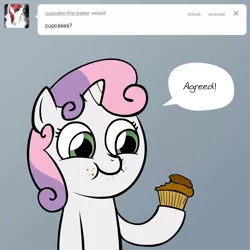 Size: 1160x1160 | Tagged: safe, artist:lemondevil, derpibooru import, sweetie belle, pony, unicorn, ask, bipedal, biporarity, crumbs, cupcake, eating, female, filly, food, solo