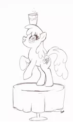 Size: 768x1280 | Tagged: safe, artist:mew, derpibooru import, berry punch, berryshine, earth pony, pony, balancing, female, glass, glass of water, grin, looking up, mare, monochrome, on table, rearing, smiling, solo, table