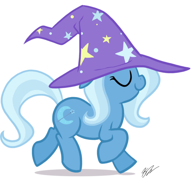 Size: 842x781 | Tagged: artist needed, safe, derpibooru import, trixie, pony, unicorn, cute, eyes closed, female, filly, foal, hat, smiling, solo, walking