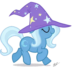 Size: 842x781 | Tagged: artist needed, safe, derpibooru import, trixie, pony, unicorn, cute, eyes closed, female, filly, foal, hat, smiling, solo, walking