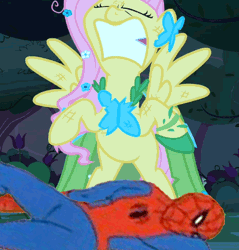 Size: 405x423 | Tagged: safe, derpibooru import, fluttershy, pegasus, pony, 60s spider-man, abuse, angry, animated, clothes, dress, female, gala dress, gif, gritted teeth, image, mare, spider-man, stomping
