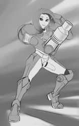 Size: 803x1280 | Tagged: artist:mew, clothes, cosplay, costume, crossover, derpibooru import, female, grayscale, human, humanized, metroid, monochrome, rarity, safe, samus aran, solo