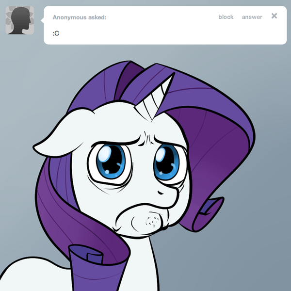 Size: 646x646 | Tagged: safe, artist:lemondevil, derpibooru import, rarity, pony, unicorn, :c, ask, biporarity, female, floppy ears, mare, pouting, solo, tumblr