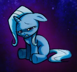 Size: 611x573 | Tagged: dead source, safe, artist:feyrah, derpibooru import, trixie, pony, unicorn, blank flank, crying, filly, floppy ears, frown, gritted teeth, looking down, sad, sitting, solo, underhoof, younger